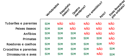 Gráfico mostrando a presença ou ausência de certos personagens em vários vertebrados