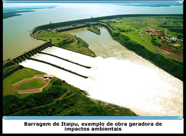 Barragem da Usina de Itaipu. Toda barragem de usina hidrelética causa um grande alagamento na região, e consequente impacto ambiental